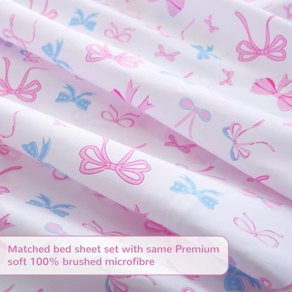 Softan Kids Bed Sheet Set, Girls Full Size Kids Sheets, Microfiber Fitted Sheet and Pillowcase, Breathable and Silky Soft, 4 Piece Colourful Bowknot Printed Full Bed Sheet