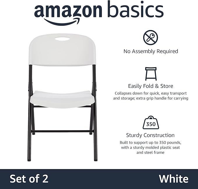 Amazon Basics Portable Folding Plastic Chair with Back Support, Easy to Fold and Store, 350-Pound Capacity, White, 2-Pack