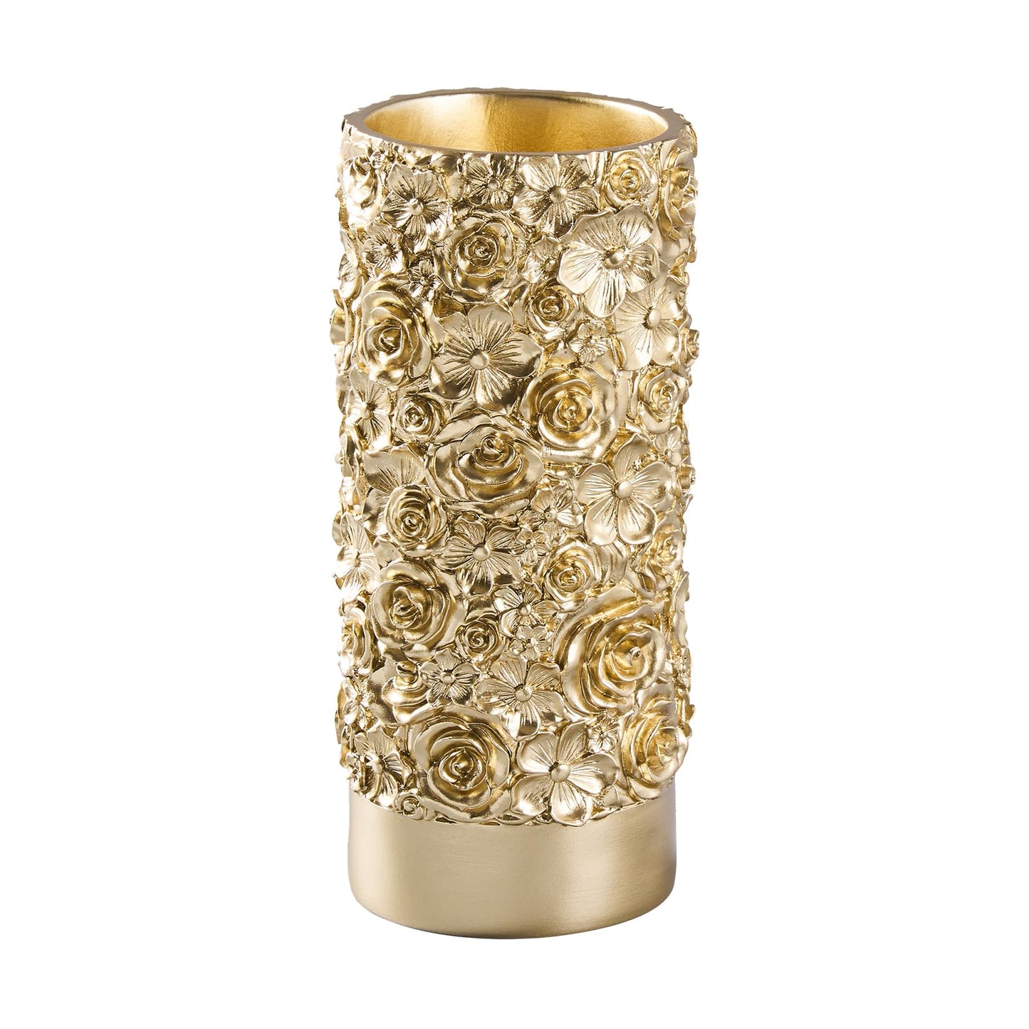 Gold Rose Hand-Carved Resin Vase – 8 Inch Decorative Cylinder Vase for Pampas Grass, Centerpiece, Home Decor | Elegant Entryway, Countertop & Nightstand Accent | Unique Housewarming Gift
