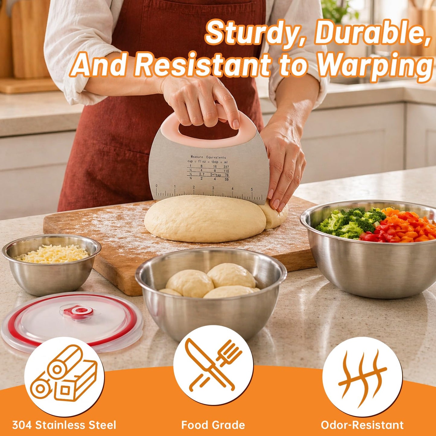 NOELNEXUS 3 PCS Pizza Dough Proofing Container Set, 27oz/40oz/60oz 304 Stackable Stainless Steel Proofing Box with Clear Lid, Includes Dough Scraper, Ideal for Bulk Fermentation of Sourdough & Bread