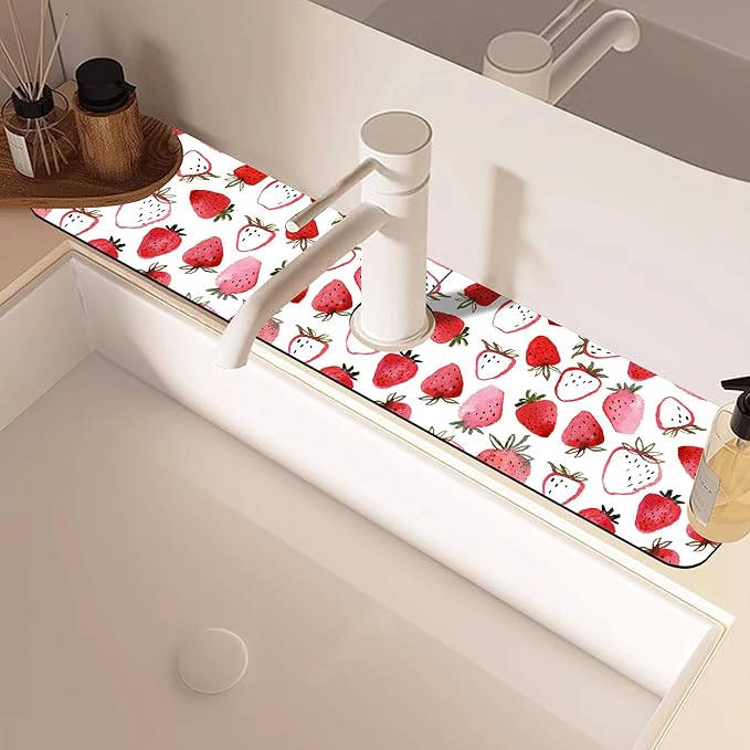Watercolor Strawberry Kitchen Sink Splash Guard Absorbent Fast Drying Mat