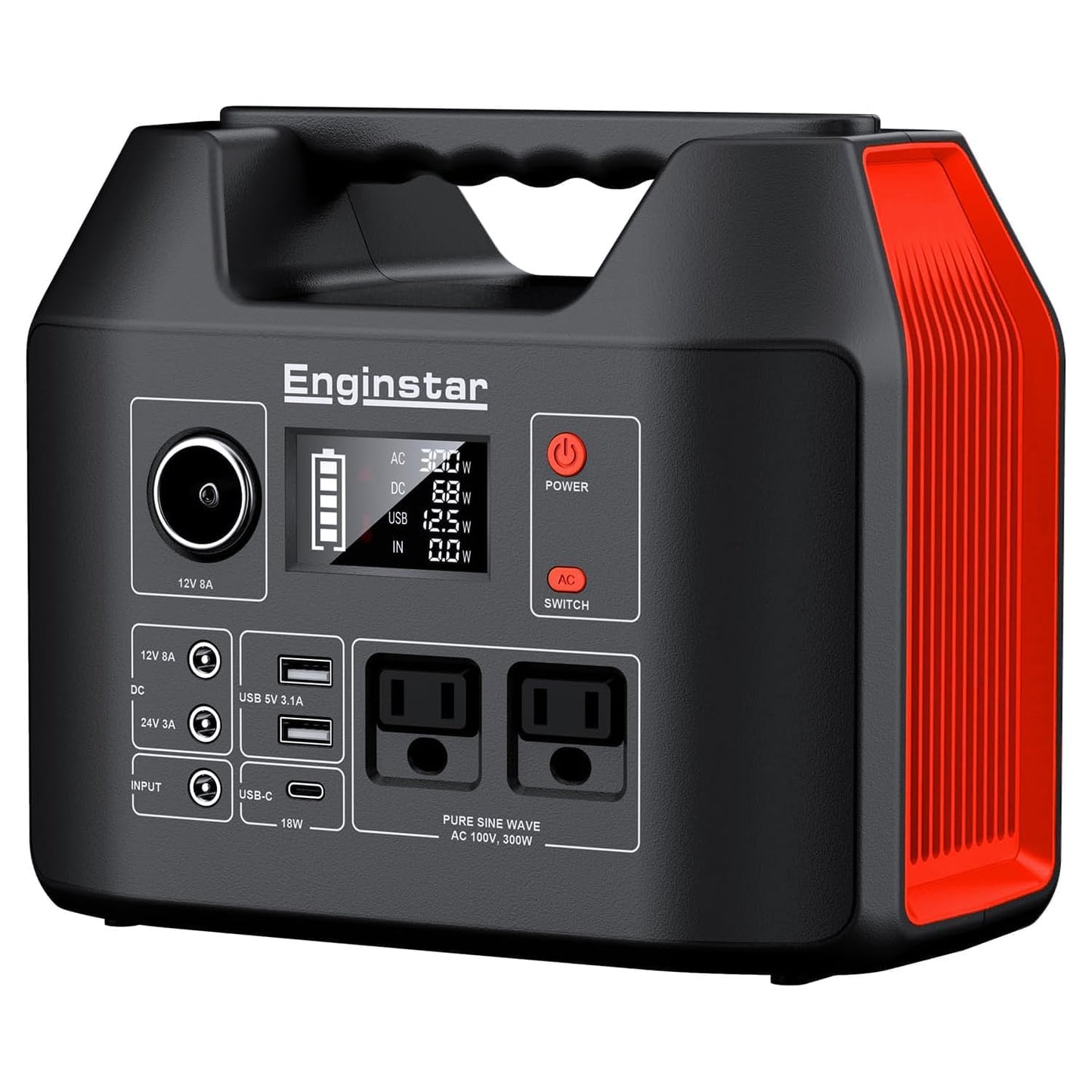Portable Power Station EnginStar 300W Solar Generator 110V 296Wh Power Bank Two Pure Sine Wave AC Outlet 80000mAh Lithium Battery Pack for Camping Outdoors Trip RV Hunting Vans Emergency Backup