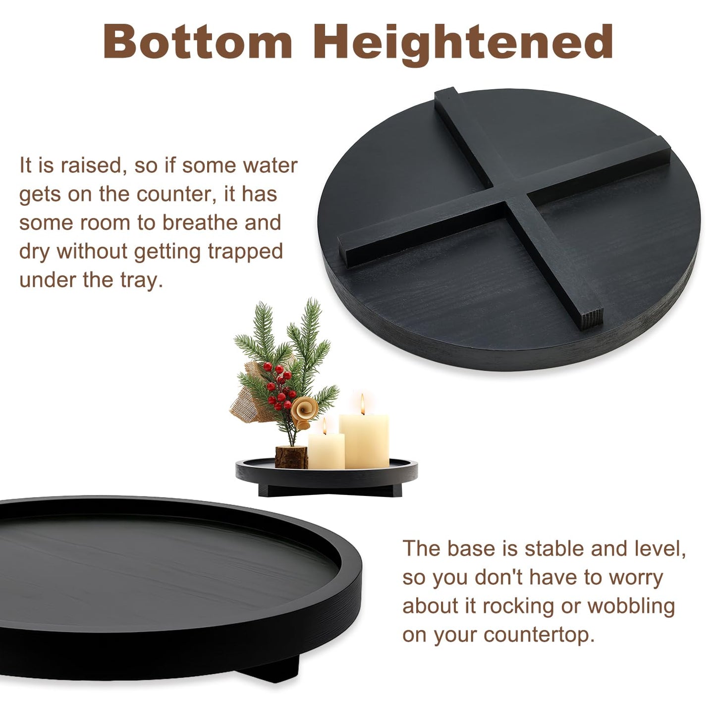 Black Decorative Wooden Tray for Kitchen Counter Bathroom Accessories Sink Vanity Trays Wood Riser Candle Pedestal Stand for Perfume Soap Trays Round Dining Coffee Table Small Rustic Home Decor Tray