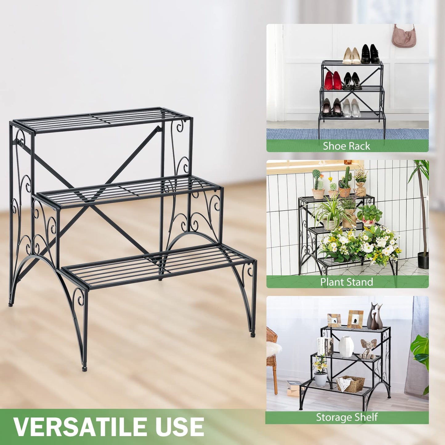Giantex 3 Tier Metal Plant Stand, Black Corner Plant Stand Indoor w/ Widened Grid Shelf & Non-Slip Foot Pads, Display Rack Holder for Outdoor Porch Garden Patio Balcony