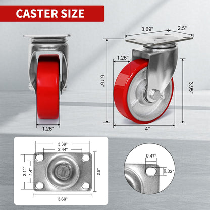 4 Inch Heavy Duty Casters, Swivel Caster Wheels, Polyurethane on Steel Wheel- Casters Set of 4 with 2000 lb Capacity, Caster Wheels for Furniture Workbench Cart (2 Swivel & 2 Rigid)