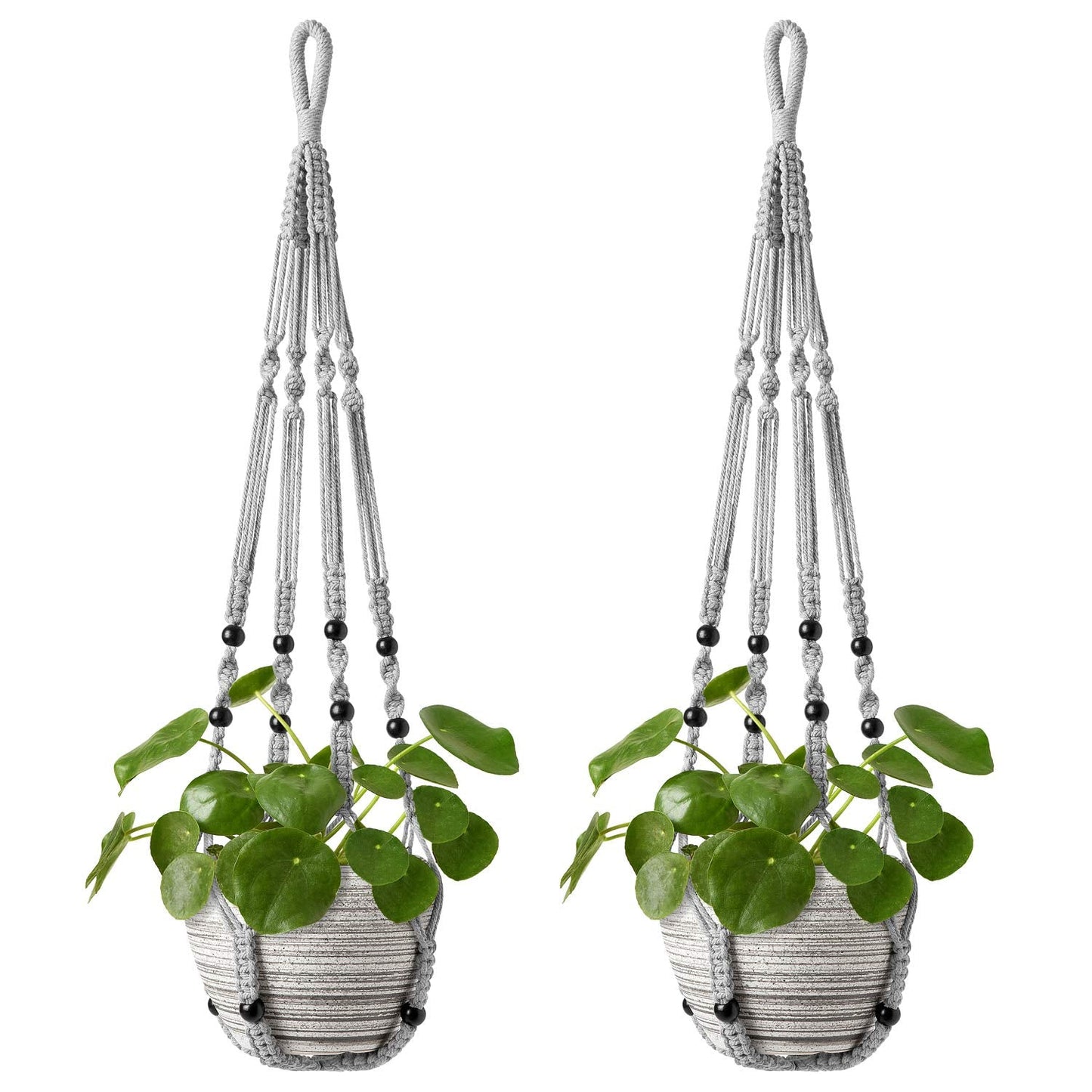Mkono Macrame Plant Hanger Indoor Hanging Planter Basket with Wood Beads Decorative Flower Pot Holder No Tassels for Indoor Outdoor Boho Home Decor 35 Inch, Grey, Set of 2 (POTS NOT Included)