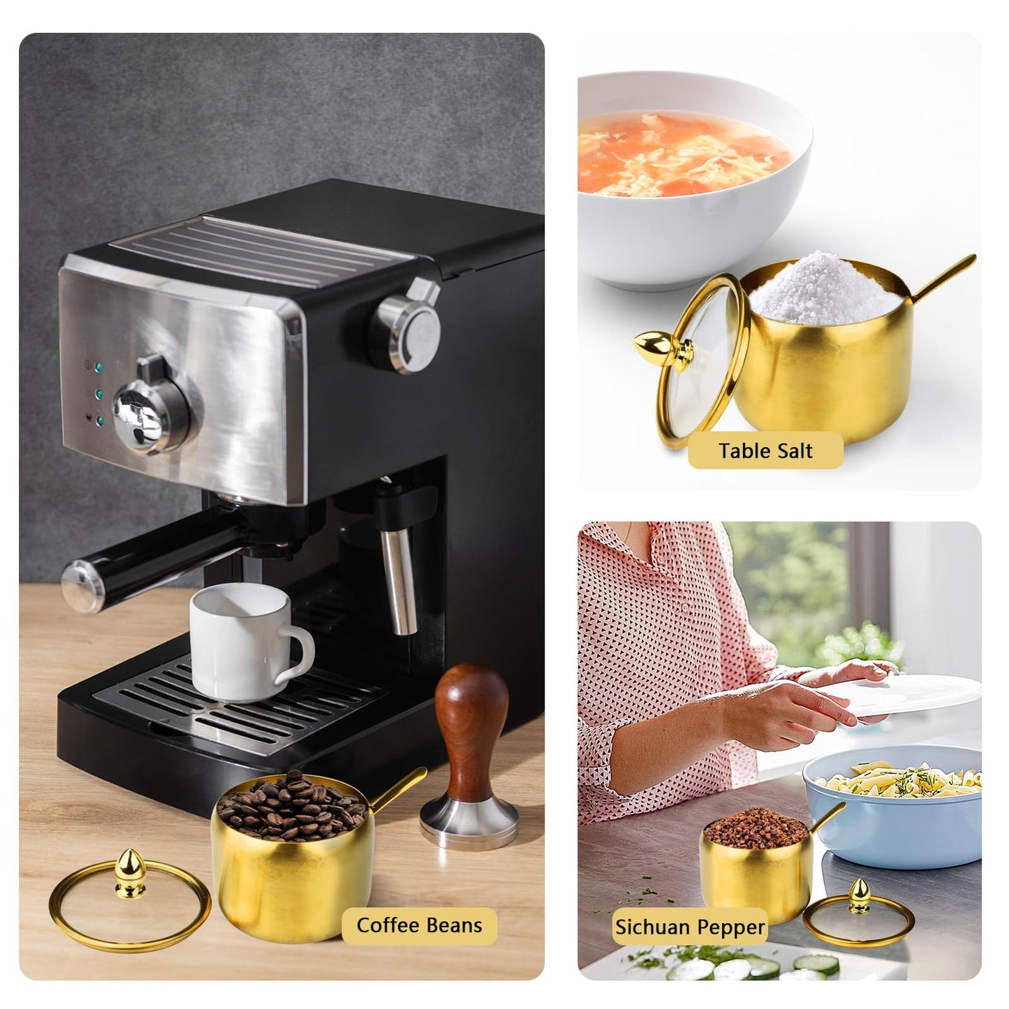 2 Pieces Stainless Steel Sugar Bowl with Lid and Spoon, 8.45 Oz/250 ML Sugar Container for Coffee Bar, Salt Bowls for Countertop Kitchen Storage Pepper Seasoning Coffee Bean Candy Spices, (Gold)