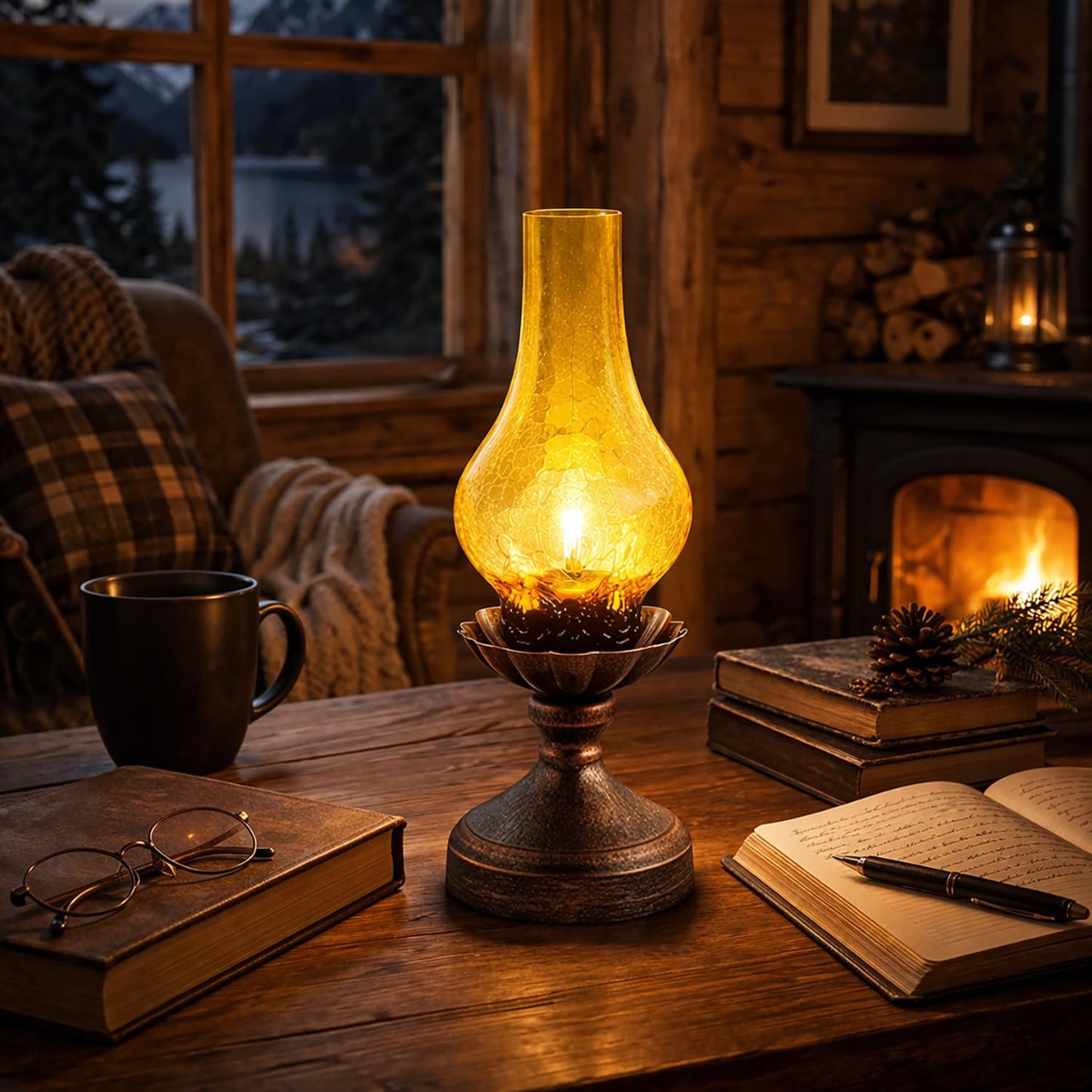 LEDIKON Vintage Table Lamp,Touch Control & 3-Way Dimmable Rustic Retro Farmhouse Bedside Lamp with Amber Glass Shade and LED Bulb for Bedroom, Living Room, Cabin, Office