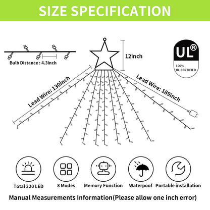 MINIAO Christmas Decorations Star String Lights, 320 LED Waterfall Tree Lights with 13" Topper Star 8 Lighting Modes Indoor Outdoor Decorative for New Year, Holiday, Wedding, Party