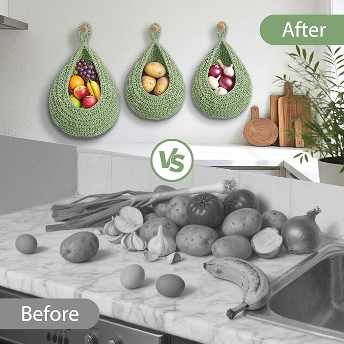 Halidali Hanging Fruit Baskets for Kitchen, 3 Pack Boho Cotton Rope Handwoven
