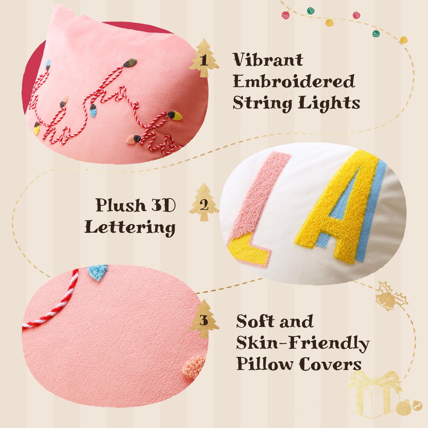 Ashler Merry Christmas Throw Pillow Covers, Letter Embroidery Pillow Covers, Velvet Holiday Decorative Pillowcase with 3D Light String, Set of 2, Pink, 18 x 18 Inch