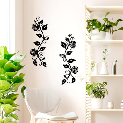 DUOOLN 2 Pcs Metal Rose Tree Leaf Wall Decor, Long Iron Scroll Vine Wall Art Above, Rustic Hanging Sign Flowers Sculpture, For Above Door Living Room Office Indoor And Outdoor Decoration - Black