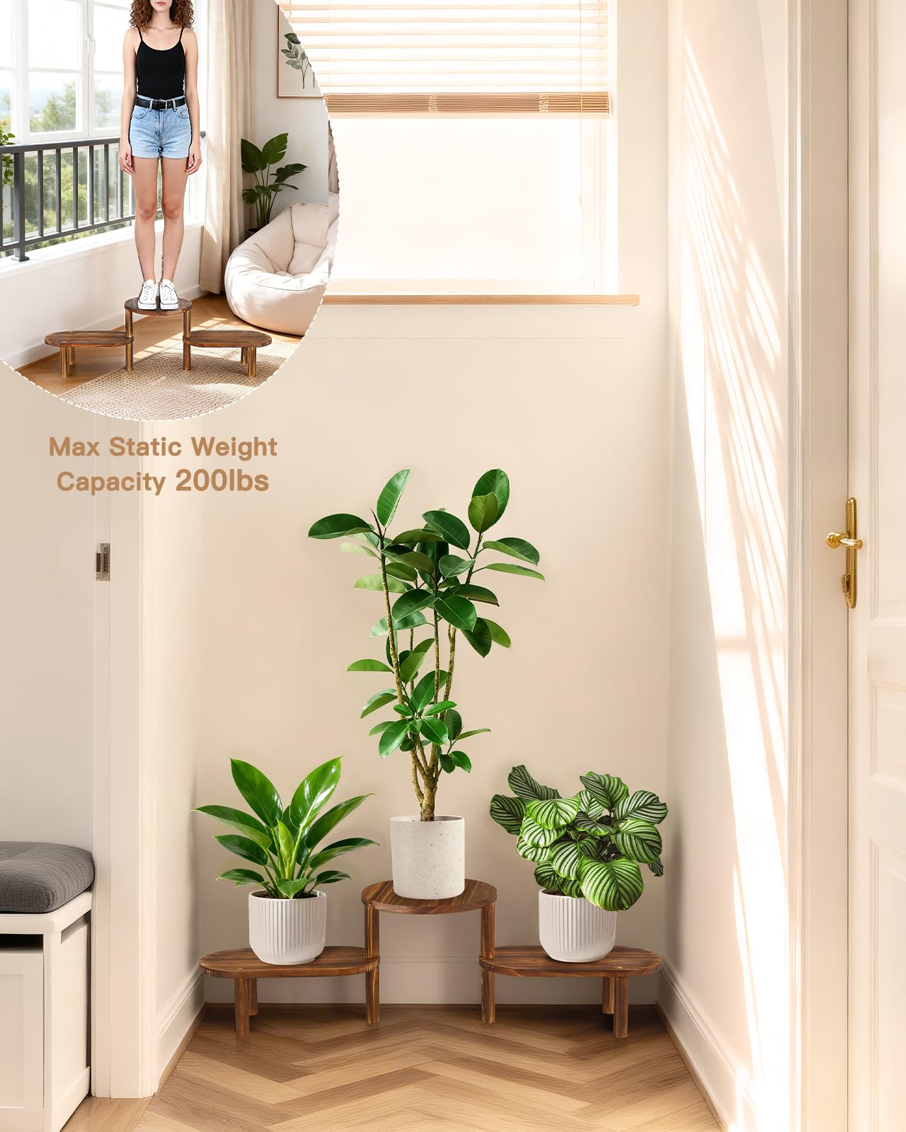 Jotboom 3 Tier Corner Plant Stand Indoor - Adjustable Wood Convex Flower Stand for Small Spaces, Heavy Duty Long Plant Shelf for Living Room Balcony Hallway