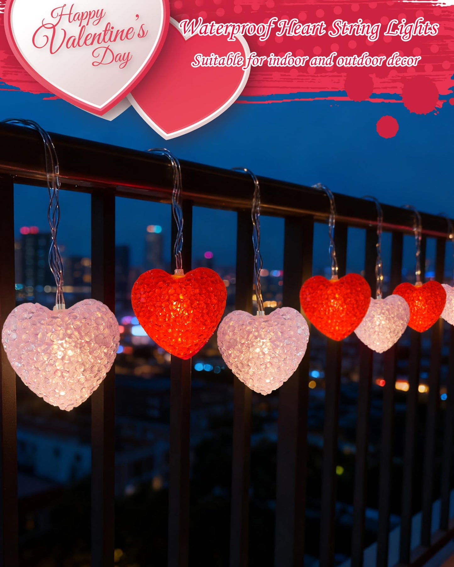 Valentines Day String Lights 7Ft 10 LED Red Pink Heart Lights Battery Operated with 8 Modes & Timer, Shatterproof Valentine Heart String Light for Indoor Outdoor Home Porch Christmas Valentines Decor