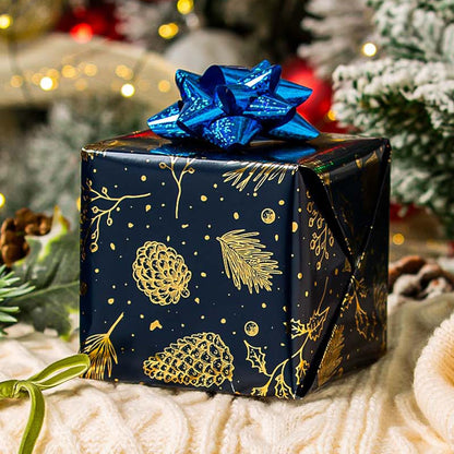 Homeral Christmas Wrapping Paper Roll-46.8 sq.ft. (17in x 33ft) Metallic Shine Navy Blue with Gold Pine Cone, Pine Twig for Christmas, New Year Celebration, Party, Holiday