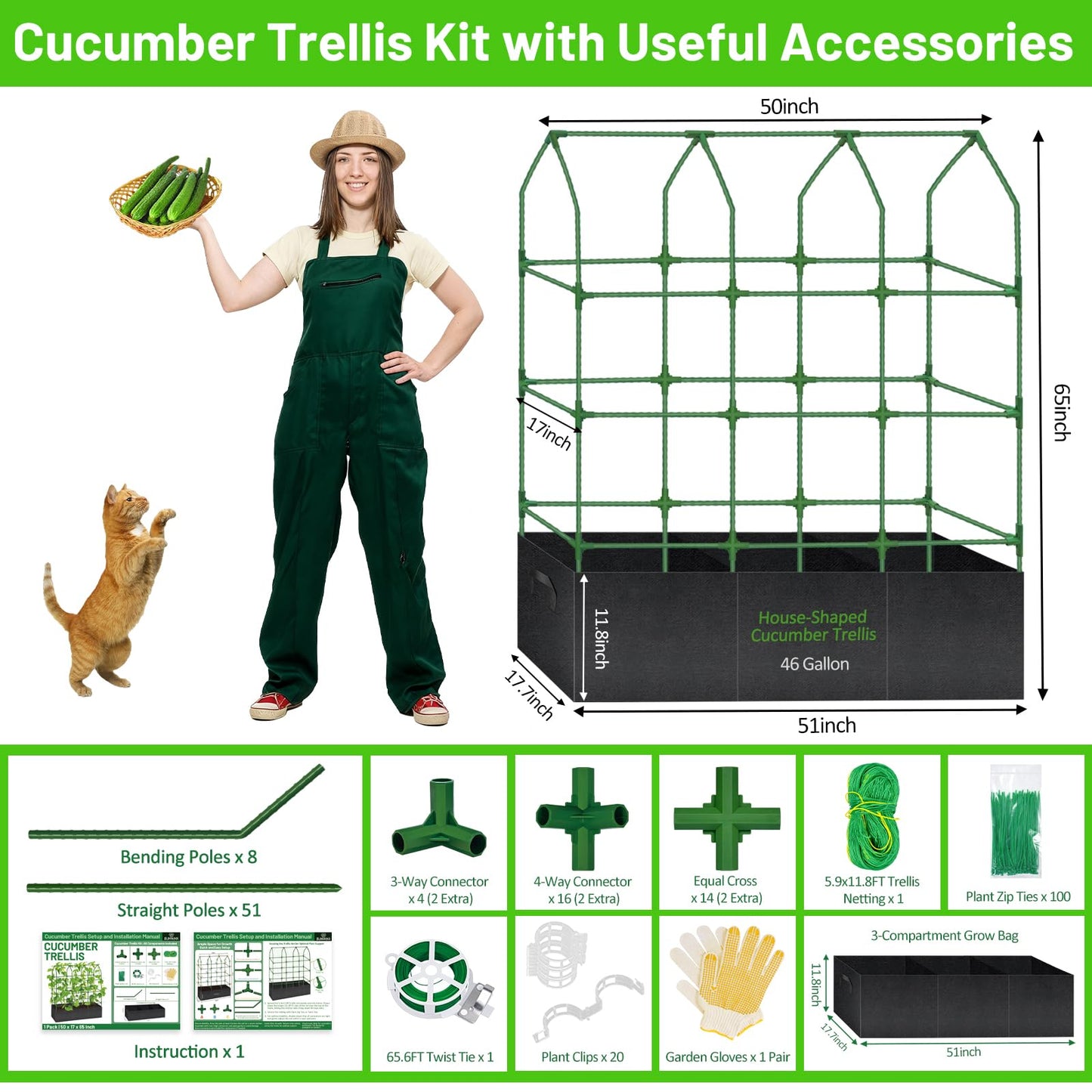 Sunwinx 50x65 Inch Cucumber Trellis for Raised Beds with Grow Bag, V-Frame Metal Plant Garden Trellis for Climbing Plants Outdoor with Climbing Net for Tomato Vegetable Grape Vine Bean Pea Squash