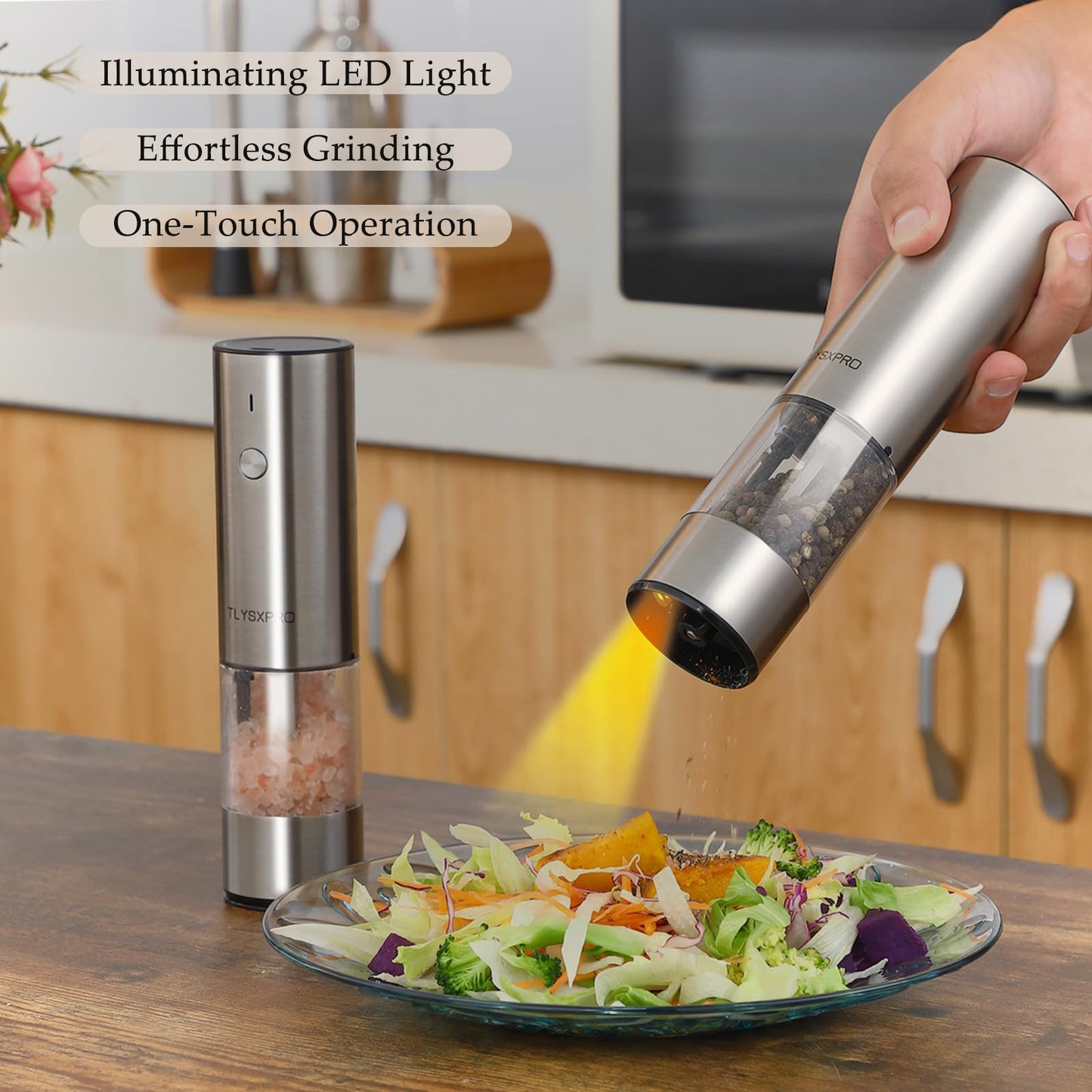 Electric Salt and Pepper Grinder, USB Rechargeable, Automatic Salt and Pepper Shaker, Adjustable Coarseness, Electric Pepper Mill, LED Light, Refillable, Kitchen Gadget (1-Pack, Stainless Steel)