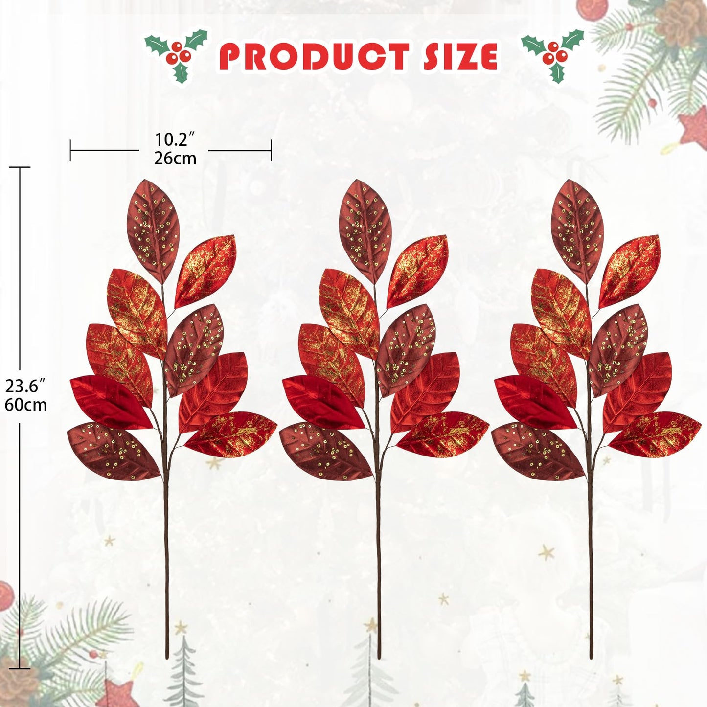 Hollyone 23.6” Christmas Tree Picks and Sprays 3Pcs Red Artificial Magnolia Stems Magnolia Leaves Branches Fake Red Leaf Floral for Vase DIY Xmas Tree Garland Wreath Centerpieces Wedding Decor