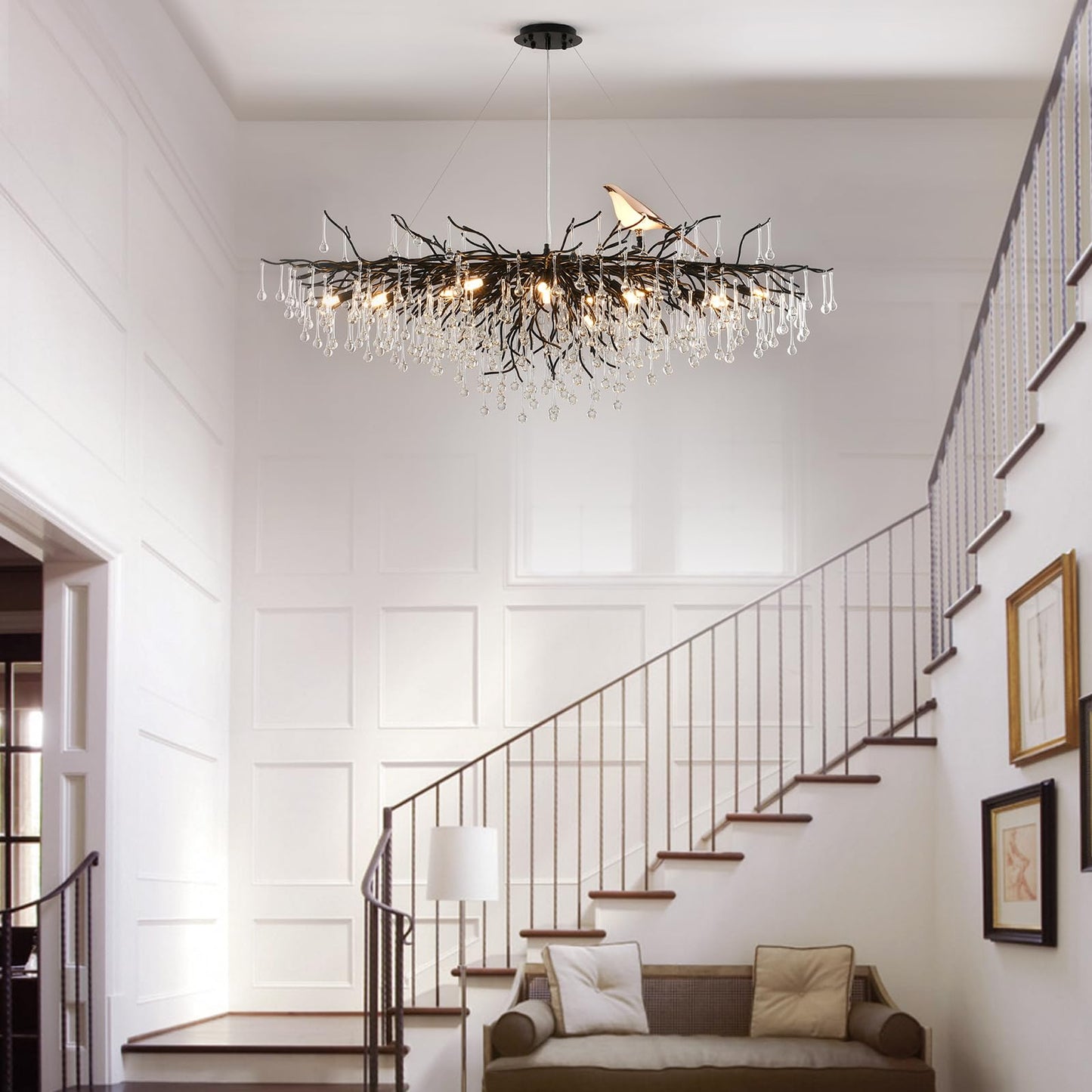 Modern Crystal Chandelier, Tree Branch Style - L60" Black Linear Raindrop Pendant Light - 16 Lights for Dining, Living Room, Entryway, Foyer, Stairway, Bedroom
