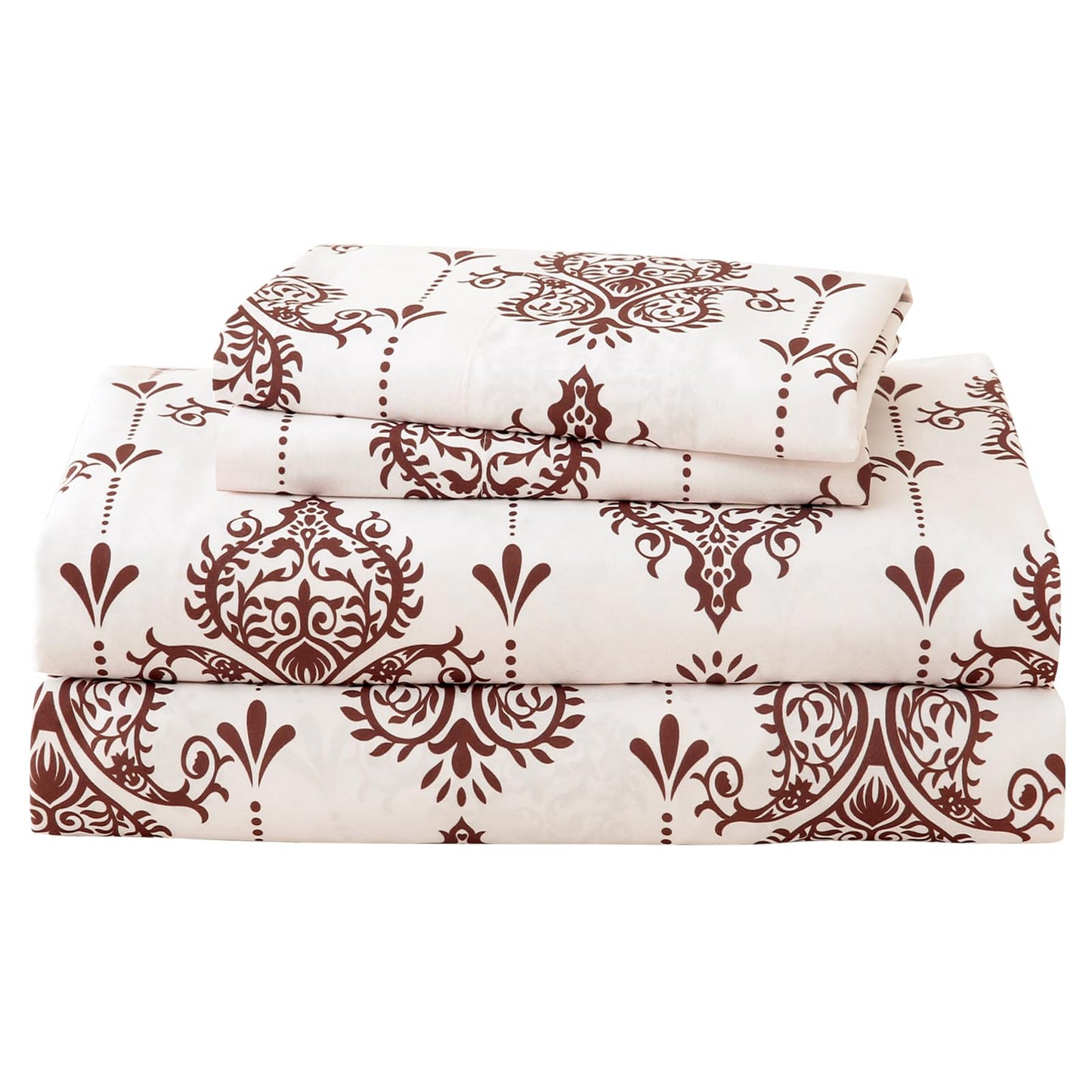 ChicView Queen Size Paisley Printed Sheet Set,4 Pieces Boho Style Breathable Soft Microfiber Bedsheets, Anti Pilling Deep Pockets Easy Care Bed Sheets, Brown