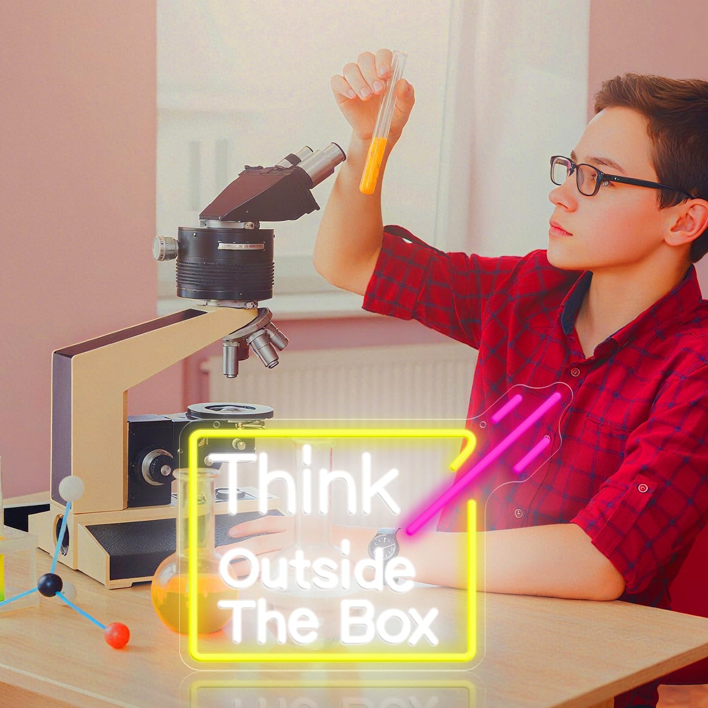 Think Outside The Box Neon Sign, Dimmable LED Neon Light for Wall Decor, USB Powered Acrylic Sign for Office, Bedroom, Classroom, Studio & Creative Space Decoration 16.14 x 11.81"