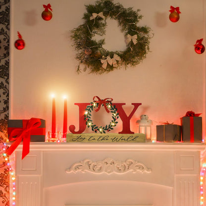 Christmas Decorations for Home LED Lighted Joy Sign with Timer Wreath Farmhouse Wooden Rustic Tabletop Decorative Sign Xmas Holiday Home Decor Indoor Room