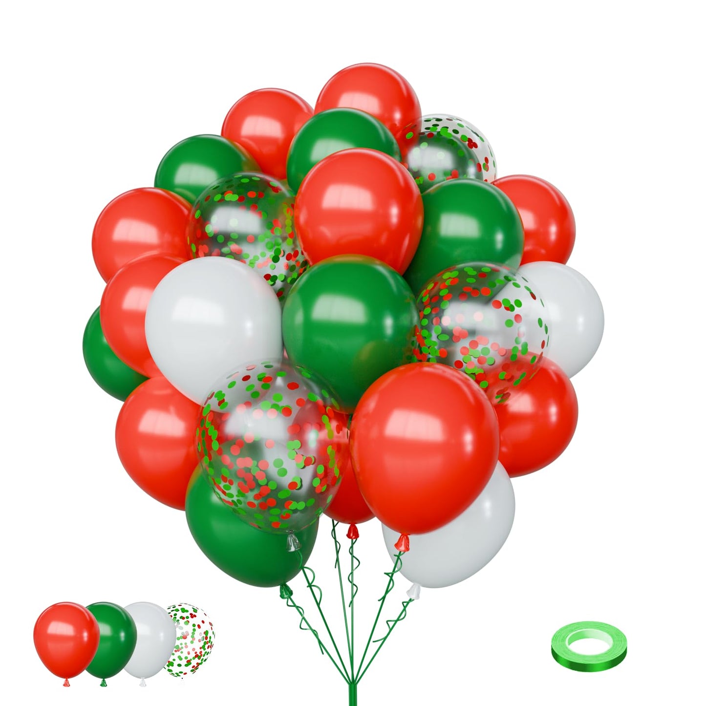 Christmas Balloons Set, 65pcs 12 Inch Red Green White Confetti Balloons, Red and Green Latex Balloons for Christmas Party Decorations