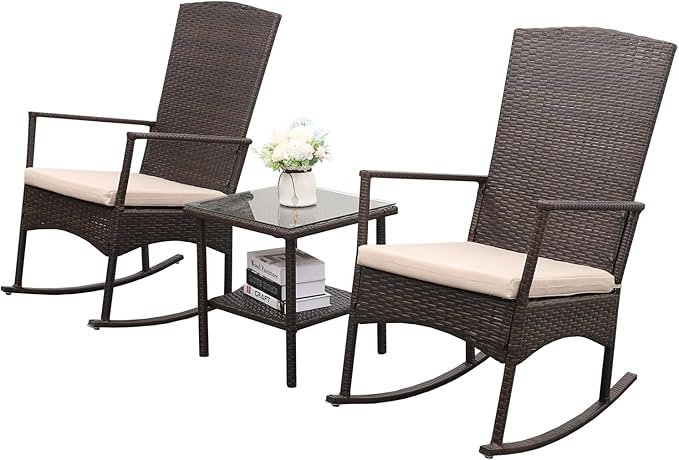 Outdoor Rocking Chair 3 Pieces High-Backed Rocking Chair Patio Rocking Chairs Outdoor Table, Khaki