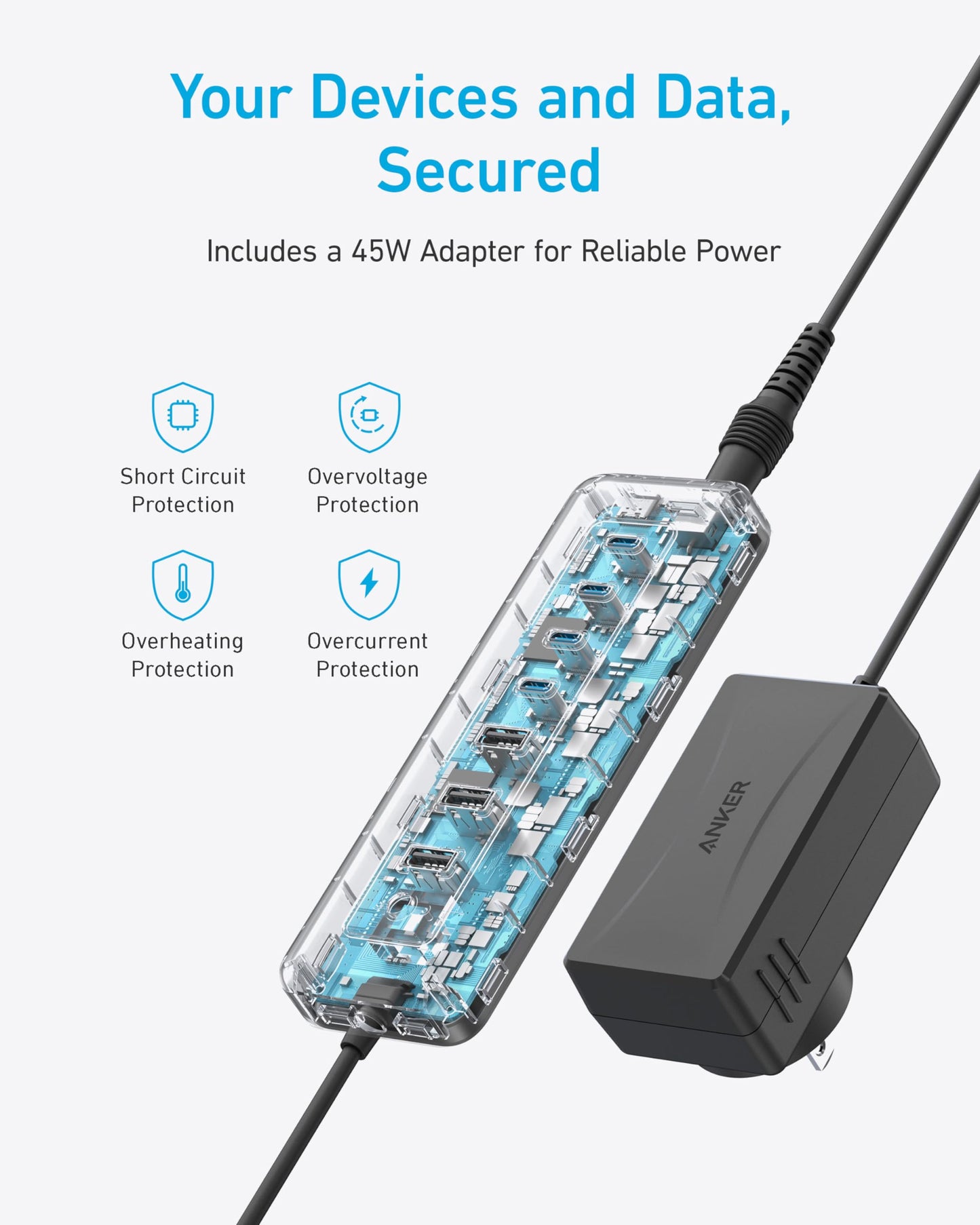 Anker USB C Hub, 8-in-1 5Gbps Data Hub, USB Splitter with 3 USBA and 4 USBC Ports, 100W PD-in, 2-in-1 USB-Connector, for Laptop, MacBook, iPad and More (45W Adapter Included)