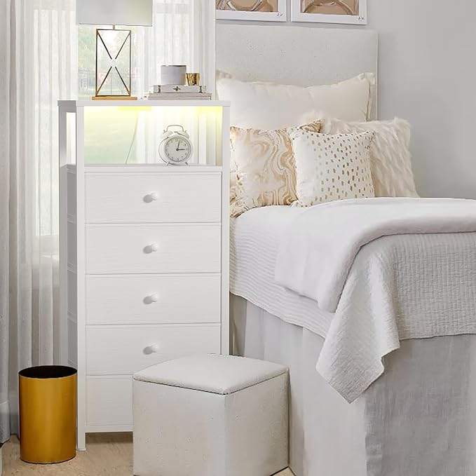 BOLUO White Dresser with 5 Drawers Tall Nightstand with Charging Station and
