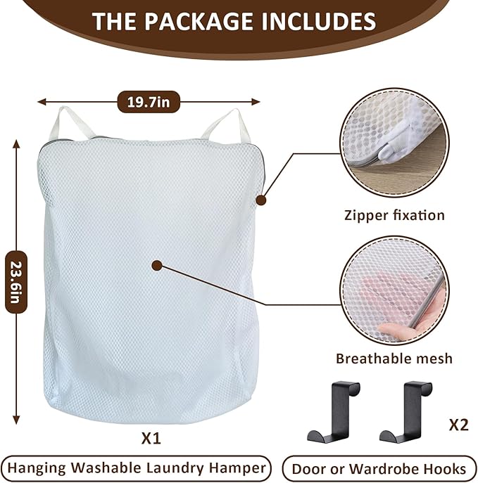 Hanging Washable Laundry Hamper, Over Door Mesh Laundry Bag