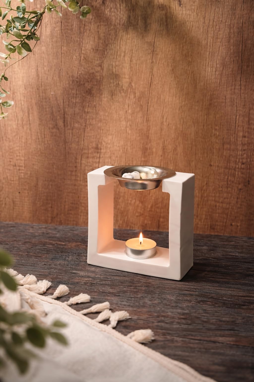 Minimalist Square Frame Wax Melt Burner, White Ceramic Tea Light Candle Holder with Removable Metal Dish