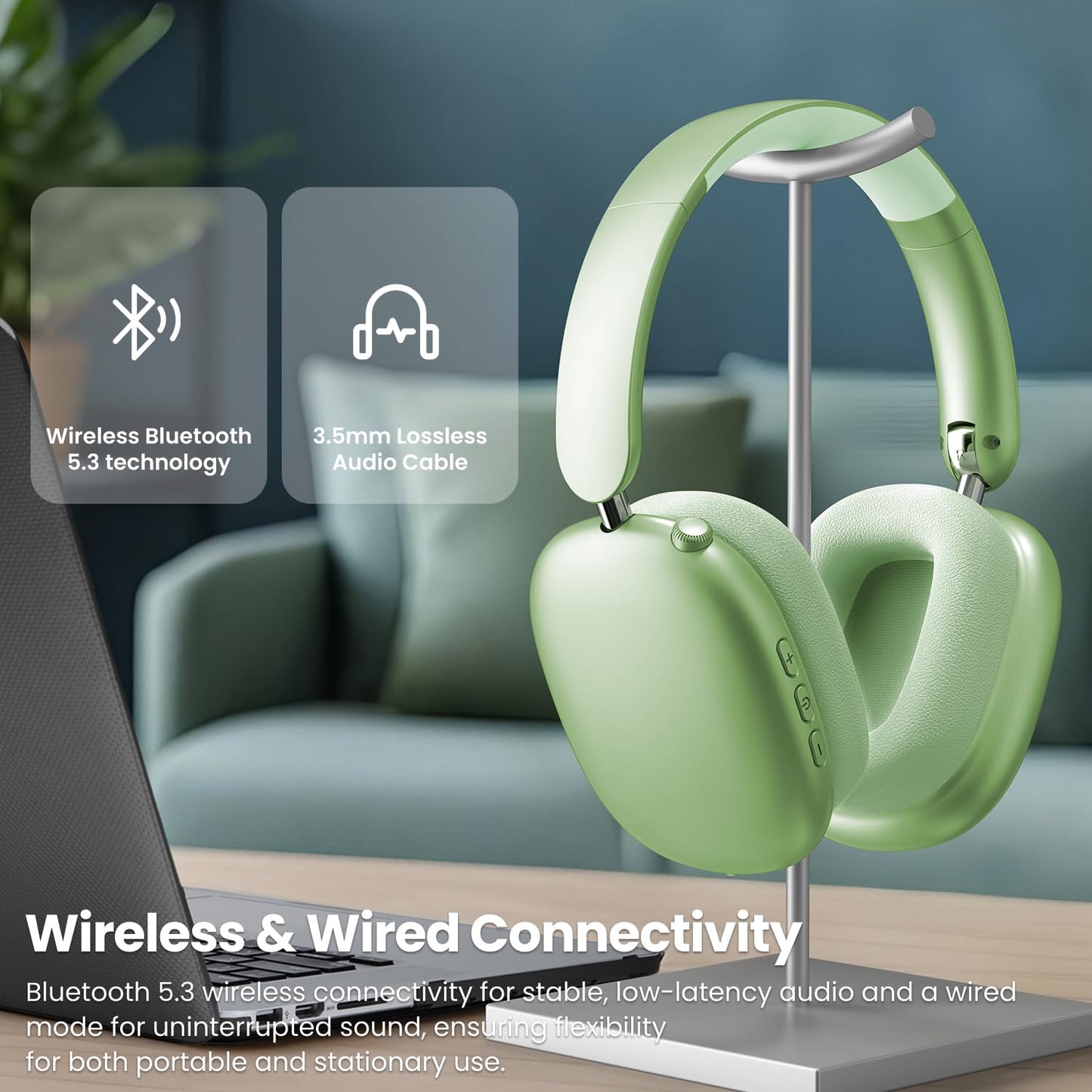 Wentronic Y01 Wireless Noise Canceling Headphones Bluetooth 5.3 Over Ear Headphones with Microphone, Hi-Res Audio, 48H Playtime, Foldable Comfortable Earpads,Compatible with iOS,Android,PC, Green
