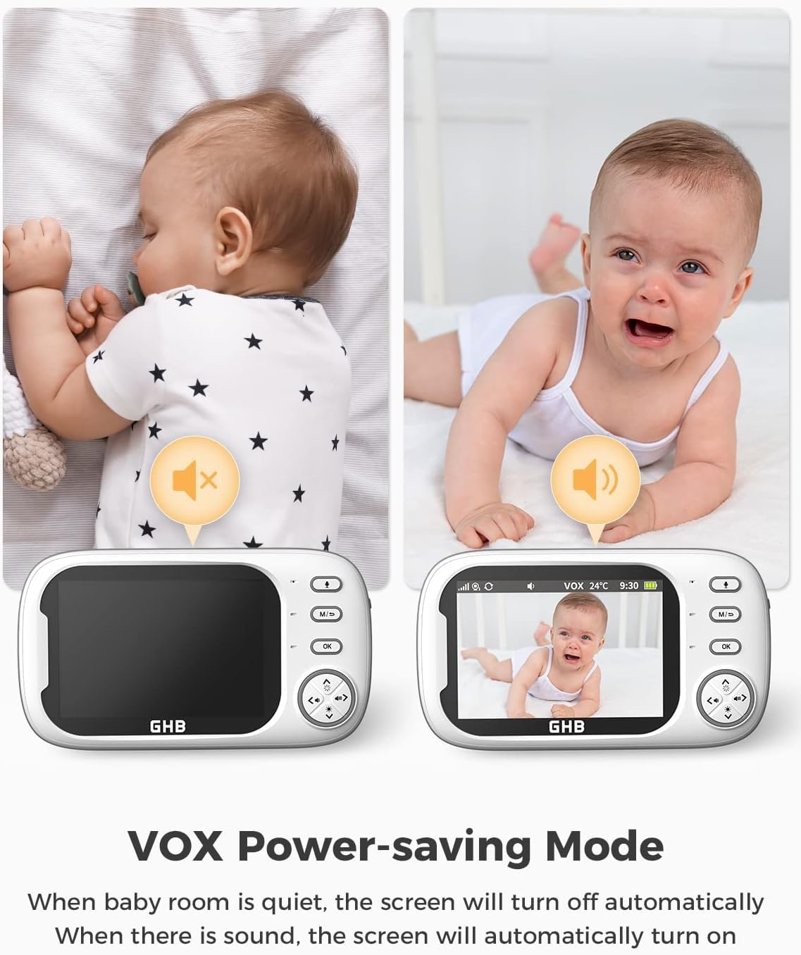GHB Baby Monitor with Camera and Night Vision, 3.5-inch Video Monitor, VOX Mode, 2-Way Talk, 8 Lullabies, Temperature Alert, Feeding Reminder