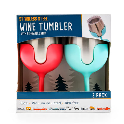 Camco Life is Better at The Campsite 8 oz Wine Tumbler 2 Pack - Heavy Duty Double Wall Vacuum Insulation - Crafted of 18/8 Stainless Steel - Features Removable Blue & Pink Stems (51915) (Pack of 4)