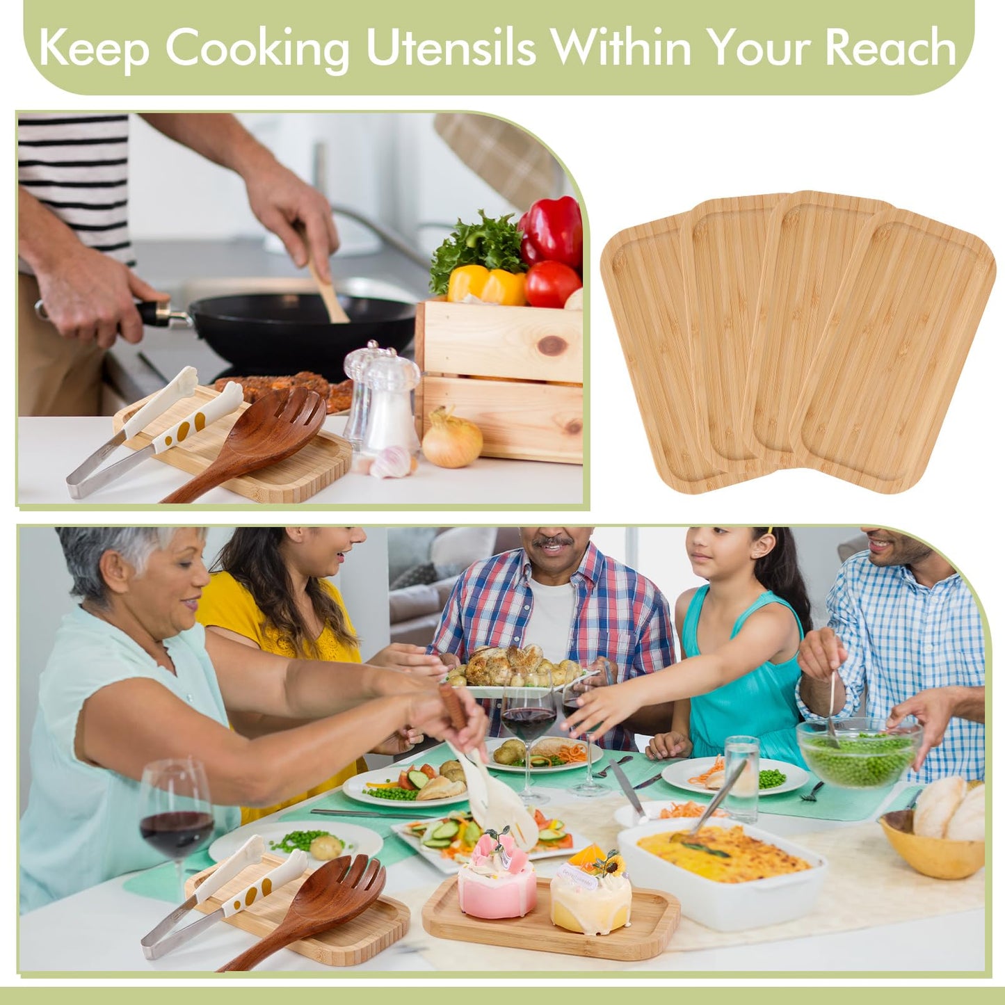Honeydak 4 Pcs Large Wood Spoon Rest 8.3'' Bamboo Stove Top Spoon Holder Kitchen Counter Cooking Utensils Rest Farmhouse Food Serving Tray for Spatulas, Spoons, Turners