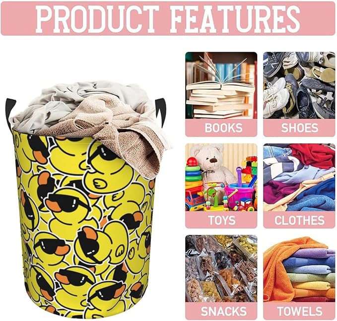 Cute Rubber Ducks With Funny Sunglasses Laundry Hamper Bag With Waterproof Liner
