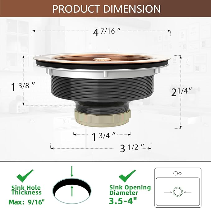 Kitchen Sink Drain Copper 3-1/2 Inch Stainless Steel Kitchen Drain Strainer