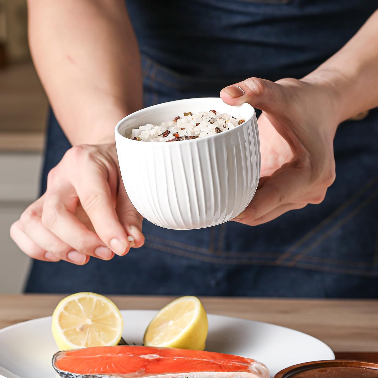 Adewnest Ceramic Salt and Pepper Bowls: 10 oz Stackable Spice Cellar with Wooden Lid - Stacked Seasoning Storage Containers for Kitchen Countertop - White, Set of 2