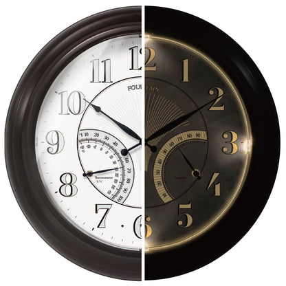 FOUNTAIN DESIGNS 24" Jameson in/Outdoor Lighted Clock, Self-Illuminated, Waterproof, 3 in 1 Weather Station (Thermometer & Hygrometer), Metal Clock, Oil Rubbed Bronze Finish(Night Light)