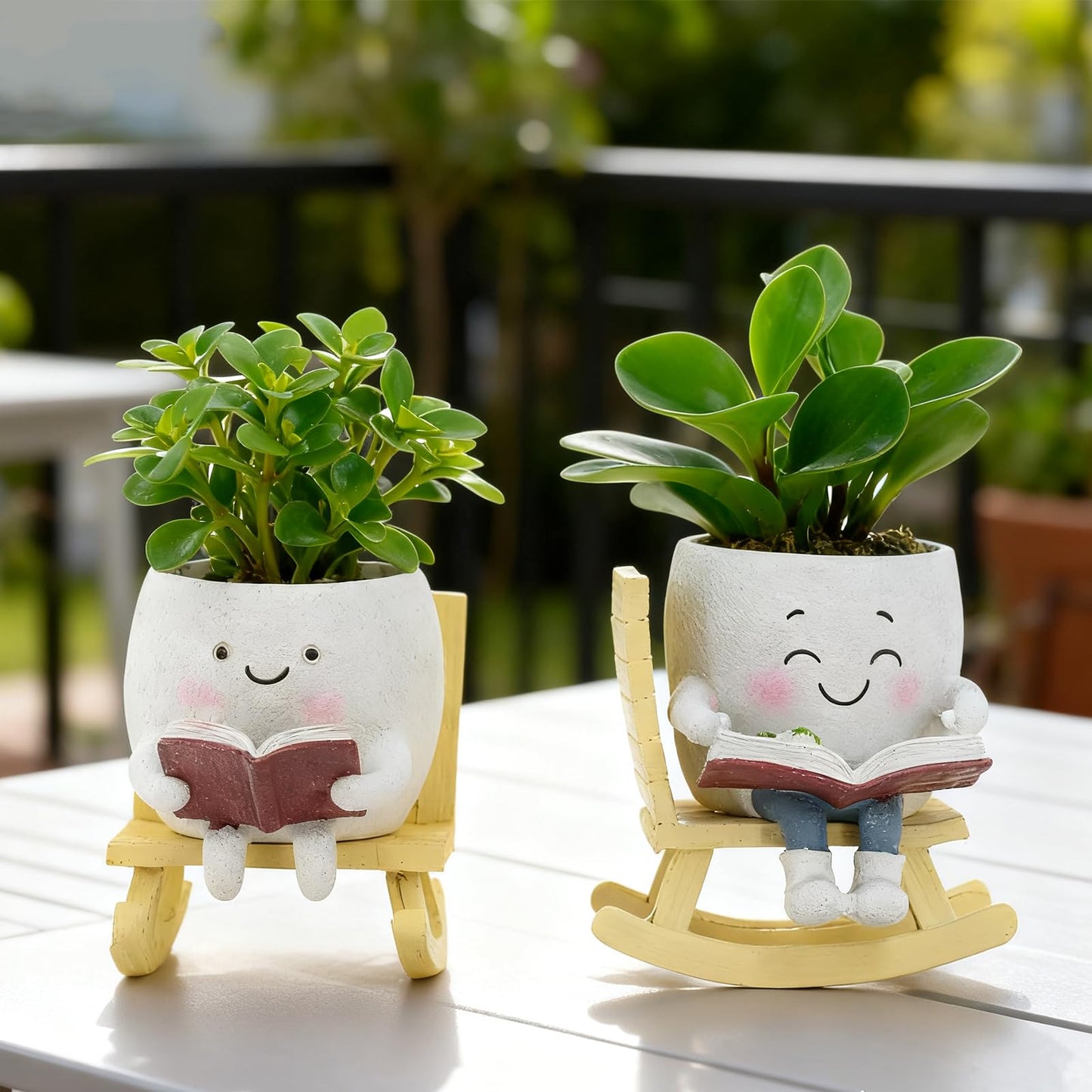 Smiley Face Planter Pot, Cute Resin Head Planter with Drainage Hole, Unique Rocking Chair Succulent Pot for Indoor Outdoor Plants, Funny Plant Lovers Gift for Mother's Day and Christmas (Side-Sitting)