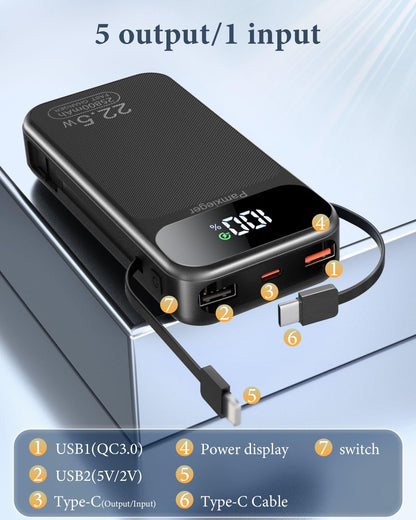Power Bank 25800mAh Fast Charging Built-in 2 cables, 22.5W Portable Charger, Portable USB C Power bank Battery Pack with LCD Display Powerbank for Smartphones Tablets and More