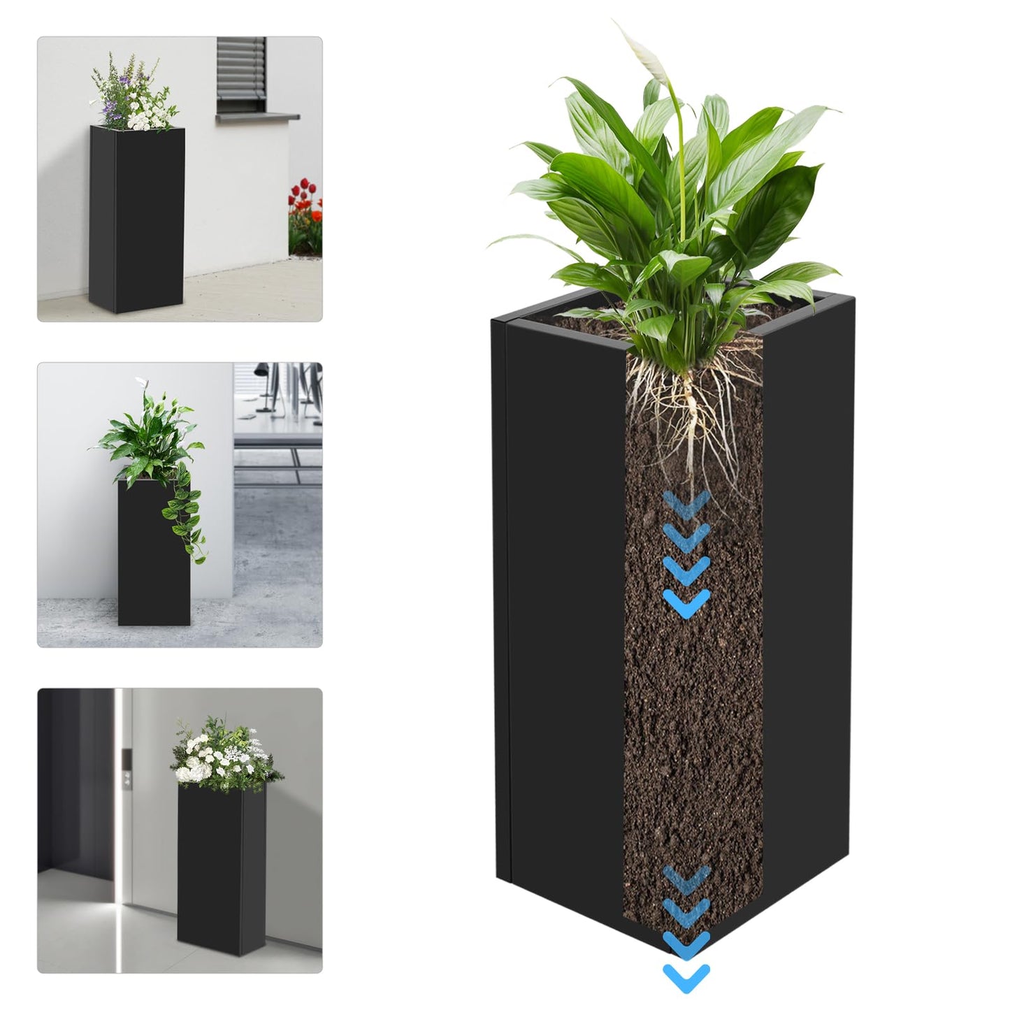 ACNAO 30in Height Metal Planter Box, Rectangular Outdoor/Indoor Flower Box with Drainage Holes, Modern Steel Planter Box for Gardens, Entrances, Balconies, Patios, Black