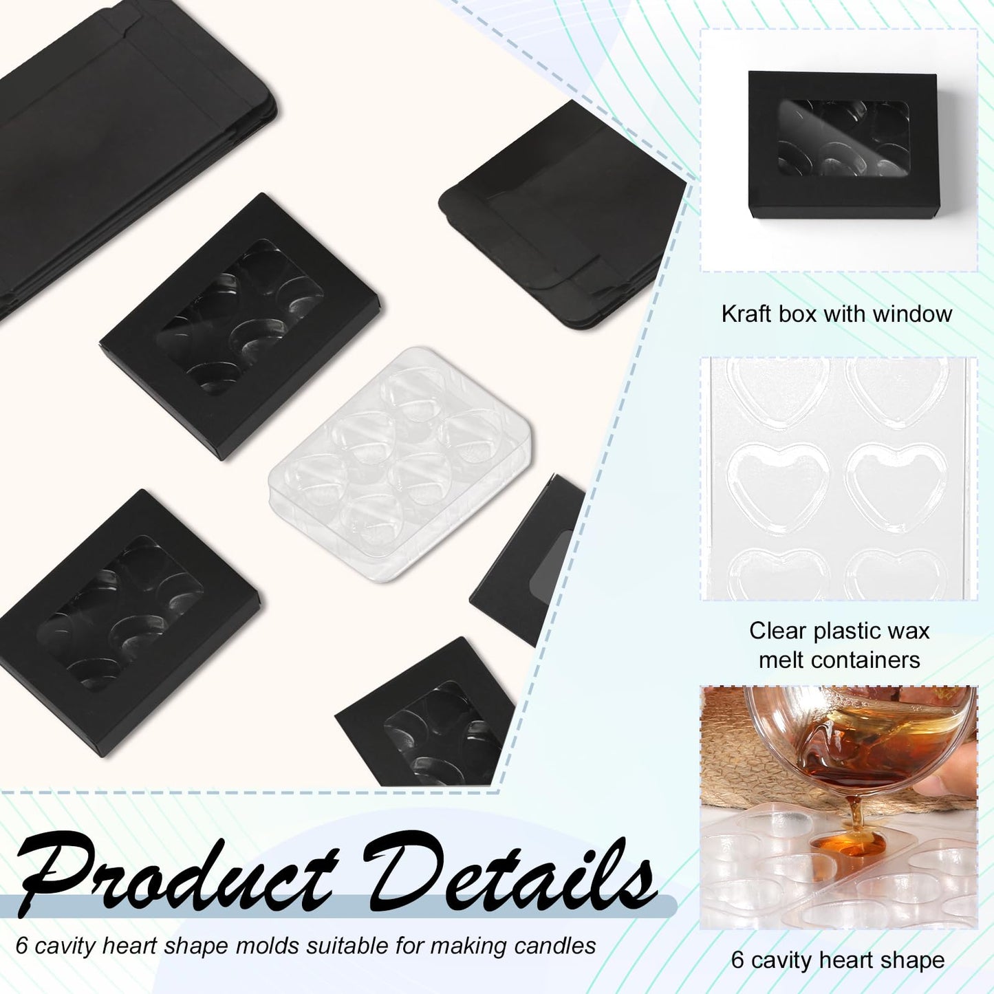 50 Pcs Heart Wax Melts Molds Plastic Wax Melt Containers 6 Cavity Gift Boxes for Wax Melts Wax Melt Packaging for Wax Cube Wax Block Wax Tarts Wax Melt Wickless Candles Soap Making
