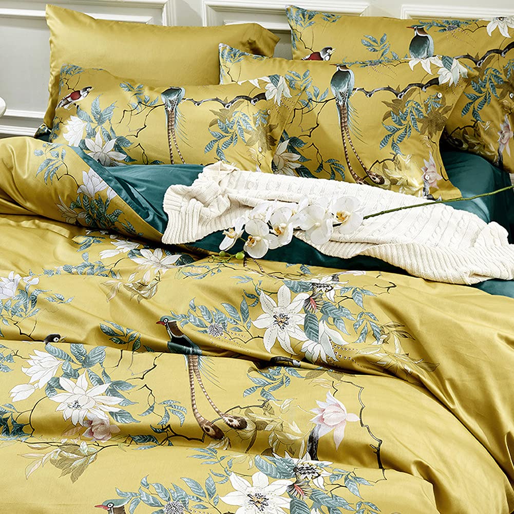 mixinni King Size Flowers and Birds Pattern Printed Gold Bed Pilowcase 100% Cotton Pillow Cover 20 x 36 Inches Set of 2 (King, 5209-Pillowcases)