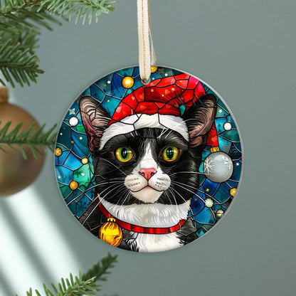 Fastpeace Tuxedo Cat Christmas Ornament with Santa Hat – Stained Glass Style Tree Decoration – Cute Hanging Gift for Cat Lovers, Friends, and Family