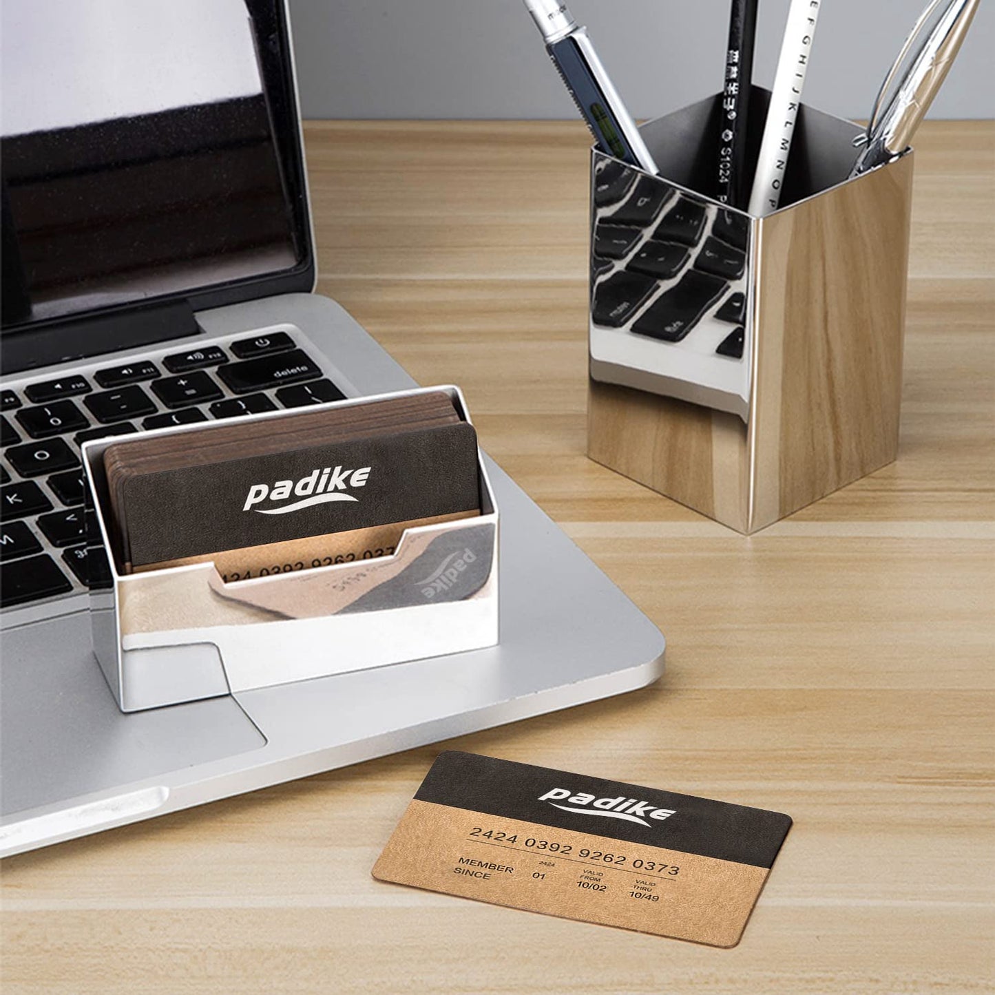 Padike Stainless Steel Business Card Holder - Brushed Metal Desk Organizer for Office & Home, Modern Business Card Stand Display (Holds 50 Cards) - Minimalist & Durable