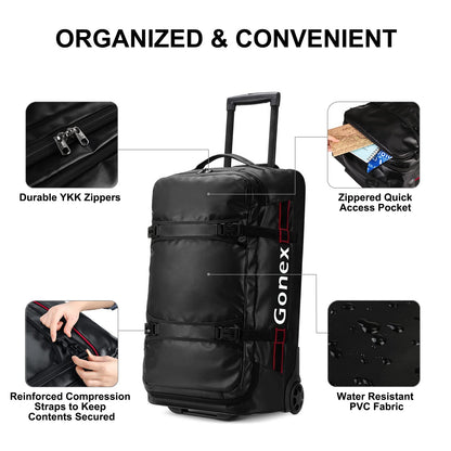 Gonex Rolling Duffle Bag with Wheels, 70L Water Repellent Wheeled Travel Duffel Luggage with Rollers 25 inch, Black
