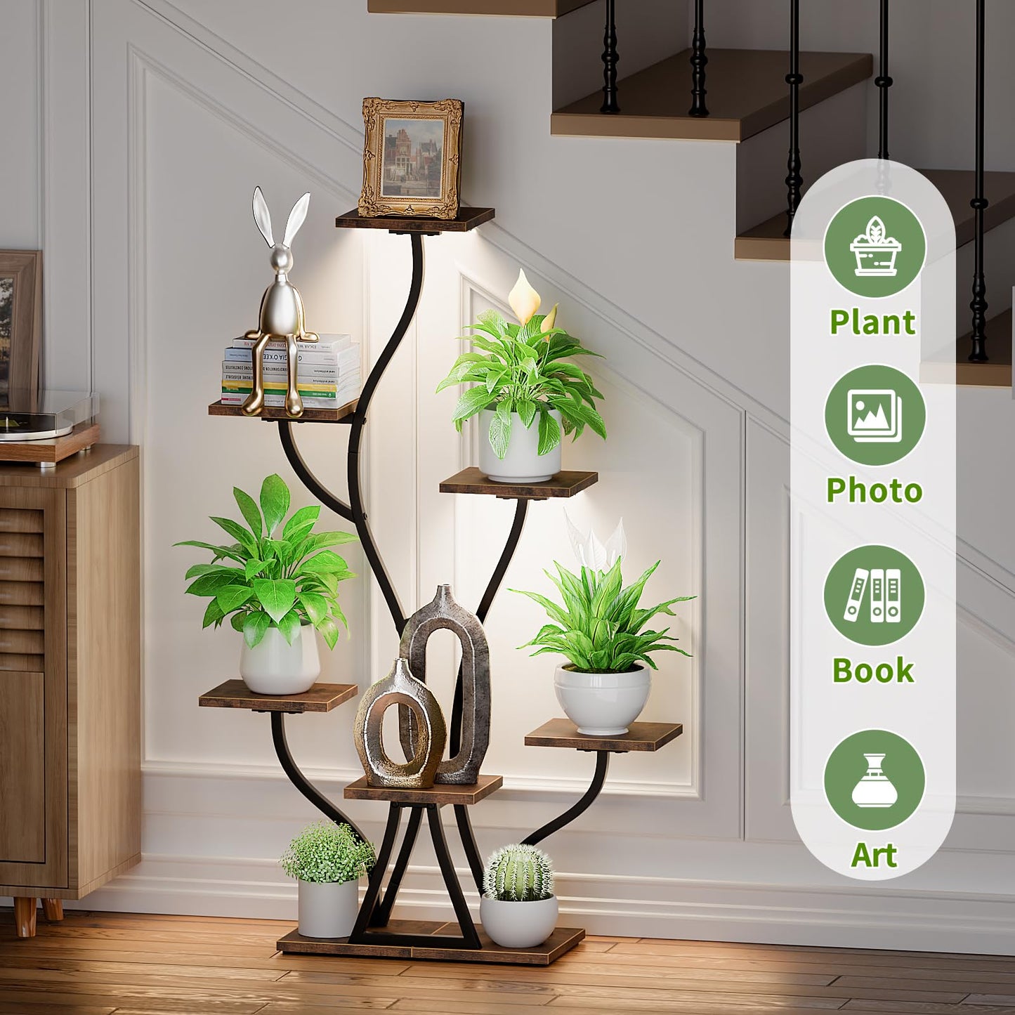 Plant Stand Indoor with Grow Lights, 7 Tiered Indoor Plant Shelf, Corner Plant Stands for Indoor Plants, Metal Plant Shelf Flower Display, Seaweed-Shaped Plant Rack for Living Room, Patio, Black