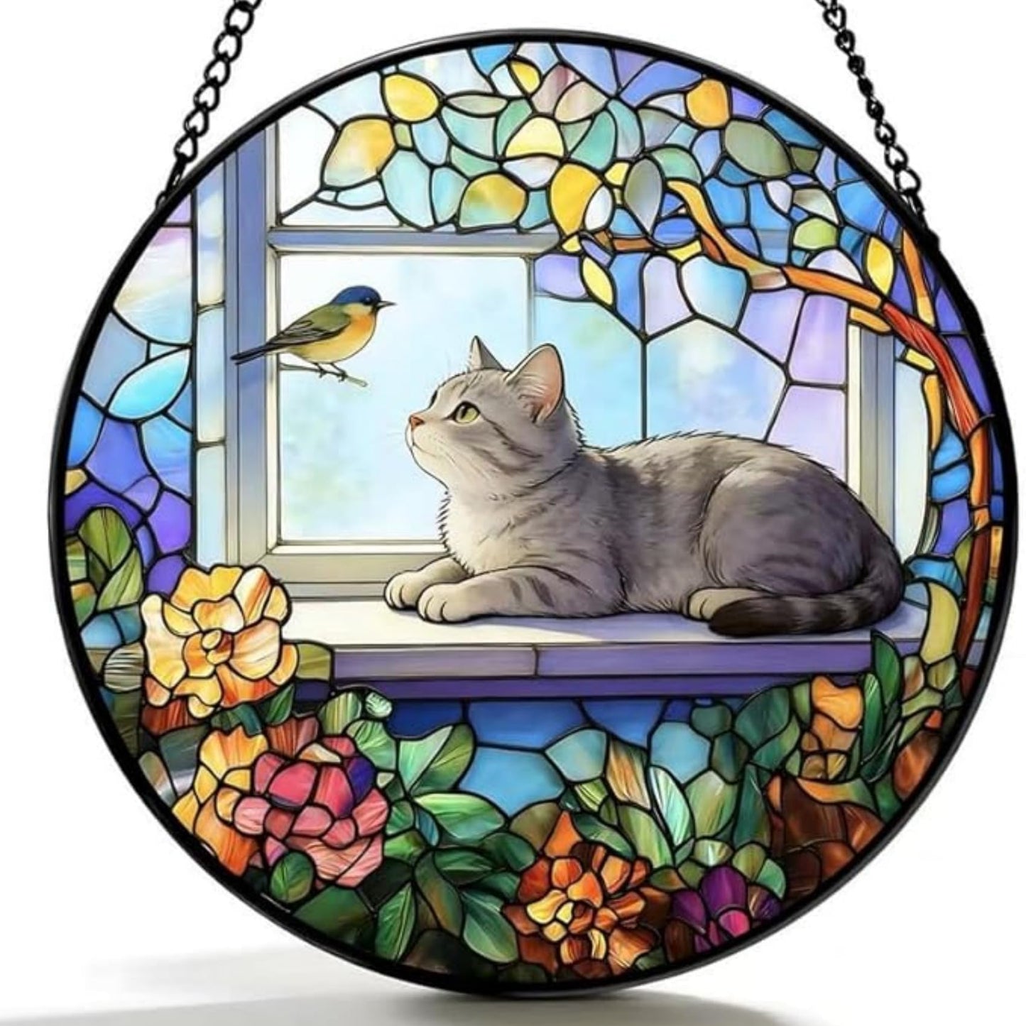 Stained Glass Window Hanging Gray Cat & Bird Design, Suncatcher for Window, for Cat Lovers & Stained Glass and Christmas, Mother's Day Father's Day Birthday